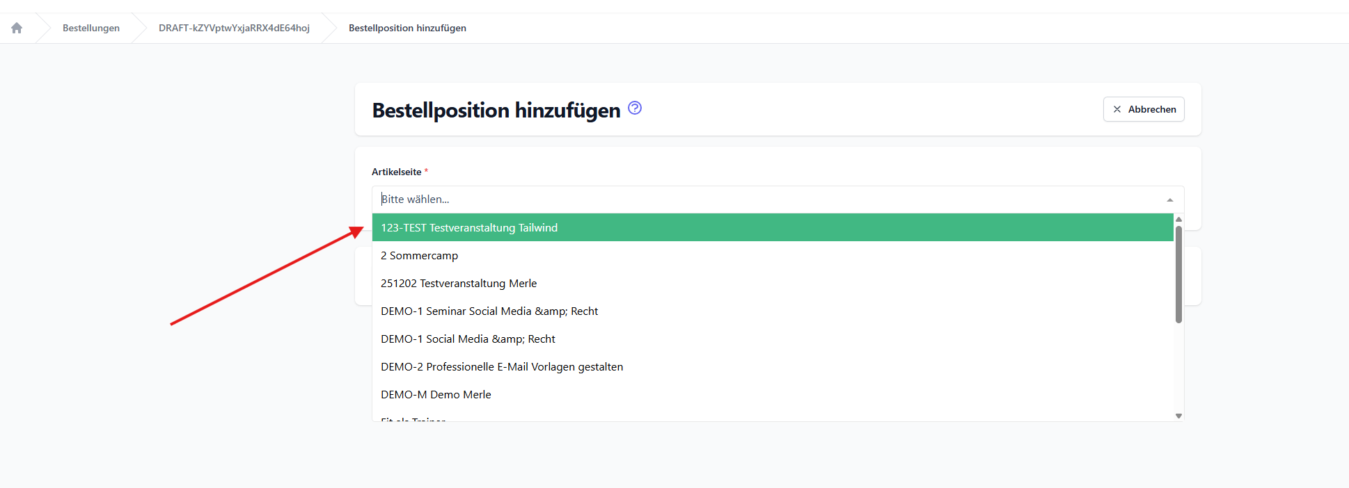 Artikelseite zur Bestellung hinzufügen