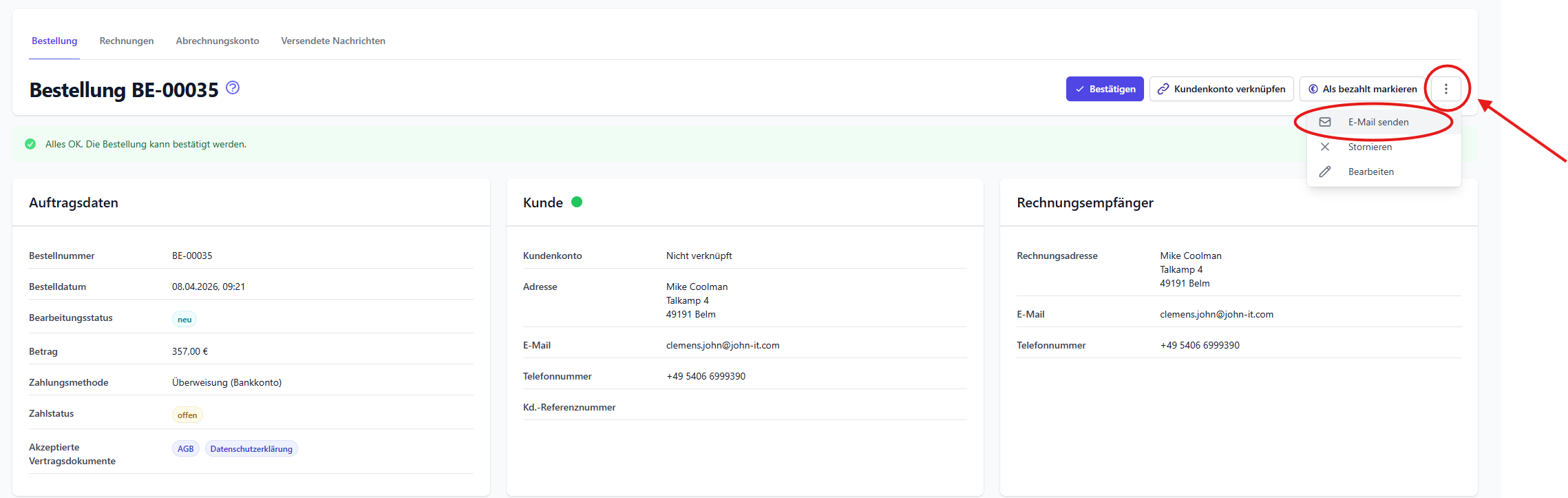 E-Mail mit Bestelldetails senden