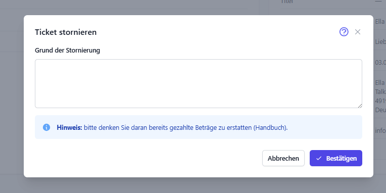 Fenster Ticket stornieren