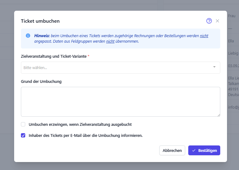 Fenster Ticket umbuchen